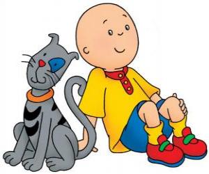 Puzle Caillou sentado no chão com seu gato Gilbert