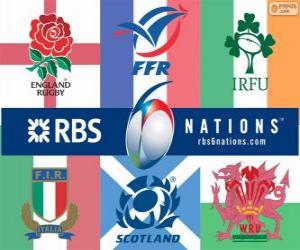 Puzle Campeonato Seis Nações de rugby com os participantes: França, Escócia, Inglaterra, país de Gales, Irlanda e Itália