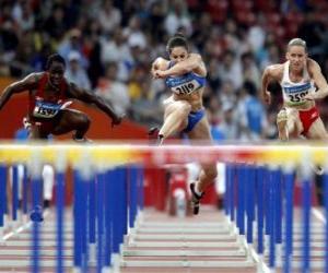 Puzle Corrida com barreira, atleta no salto de um obstáculo