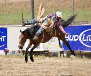 Puzle Cowboy montando um cavalo empinado em um rodeio