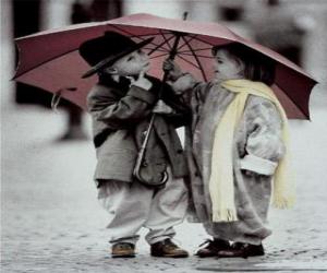 Puzle Crianças andando na chuva com seu guarda-chuva