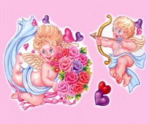 Puzle Cupido com arco e flecha com um outro anjo com um buquê de flores entre corações