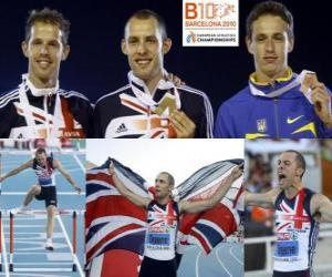 Puzle David Greene campeão 400m com barreiras, Rhys Williams e Stanislav Melnykov (2 e 3) do Campeonato Europeu de Atletismo de Barcelona 2010