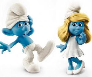 Puzle Desastrado e Smurfette, personagens do filme Os Smurfs