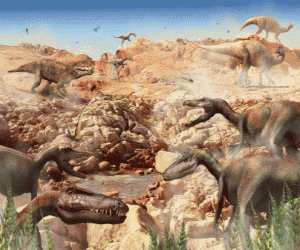 Puzle Dinossauros em um terreno rochoso