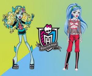 Puzle Dois estudantes de Monster High, Lagoona Blue e Ghoulia Yelps