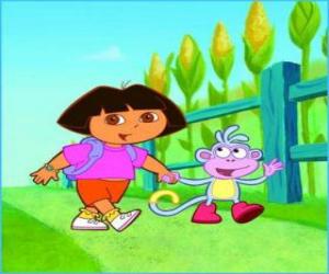 Puzle Dora, a menina aventureira, ao lado do macaco Botas explorando