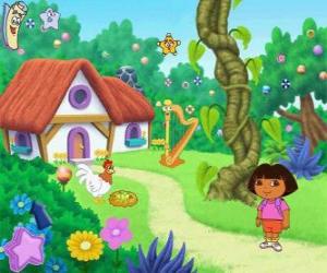 Puzle Dora, ao lado de uma casa na floresta
