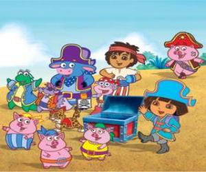 Puzle Dora com seus amigos jogando piratas sendo