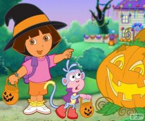 Puzle Dora e o macaco Botas comemorar o Halloween