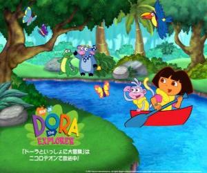 Puzle Dora e seu amigo macaco Botas em um barco
