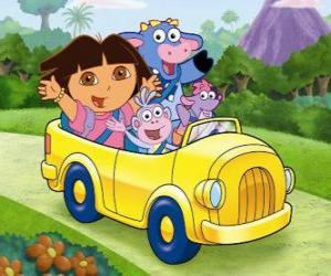 Puzle Dora e seus amigos em um pequeno carro