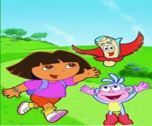 Puzle Dora Marquez, a aventureira, com seus melhores amigos: o macaco Botas, Mochila e Mapa