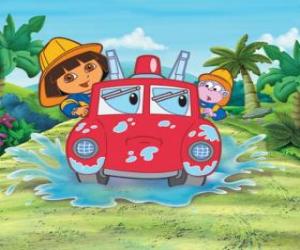 Puzle Dora the Explorer menina ao lado do macaco Botas, com um motor de fogo