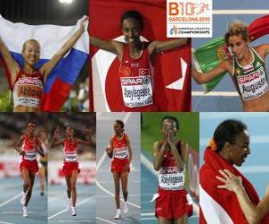 Puzle Elvan Abeylegesse campeão no 10000 m, Inga Abitova e Jessica Augusto (2 e 3) do Campeonato Europeu de Atletismo de Barcelona 2010