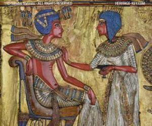 Puzle Faraó sentado em seu trono com um cetro nejej, sob a forma de um chicote, na mão