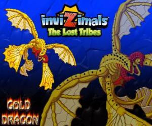 Puzle Gold Dragon. Invizimals Tribos Perdidas. Dragão de ouro com quatro alas que brilha mais do que o sol