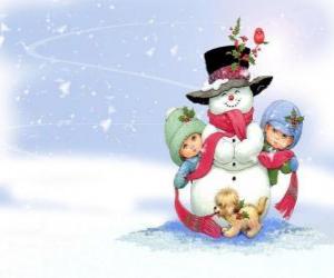 Puzle Grupo de crianças brincando e um cachorro para fazer um boneco de neve