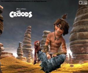 Puzle Guy, um adolescente espirituoso que mostra um novo mundo para a família Croods