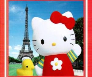 Puzle Hello Kitty com um passarinho e da Torre Eiffel ao fundo