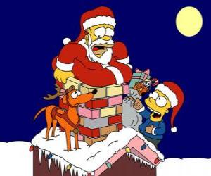 Puzle Homer e Bart Simpson ajudam Papai Noel com presentes