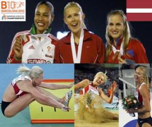 Puzle Ineta Radevica campeão Long Jump, Naide Gomes e Olga Kucherenko (2 e 3) do Campeonato Europeu de Atletismo de Barcelona 2010