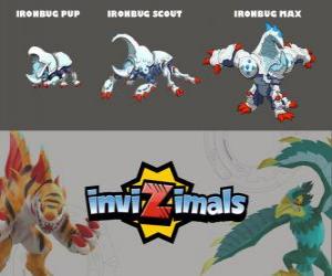 Puzle Ironbug em três fases Ironbug Pup, Ironbug Scott e Ironbug Max, Invizimals