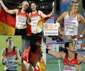 Puzle Linda Stahl campeão no dardo, Barbora Spotakova e Christina Obergföll (2 e 3) do Campeonato Europeu de Atletismo de Barcelona 2010