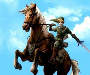 Puzle Link a cavalo com uma espada nas aventuras do jogo de vídeo Legend of Zelda