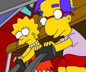 Puzle Lisa juntamente melhor amigo Brat, Milhouse jogar com os pedais do carro