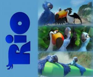 Puzle Logo do filme Rio, com três de seus protagonistas: as araras Blu, Jewel e o tucano Rafael