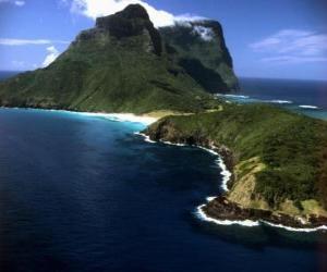 Puzle Lord Howe, ilhas, este arquipélago é um exemplo de geração de um conjunto de ilhas oceânicas isoladas por atividade vulcânica submarina. Austrália.