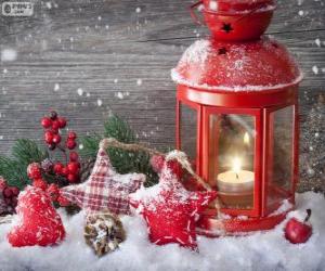 Puzle Lâmpada de Natal com  vela acesa e decoração de azevinho