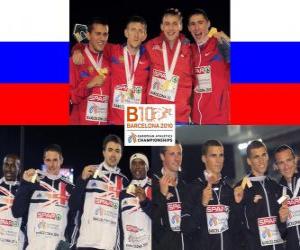 Puzle M. Dyldin, A. Axenov, P. Trenijin e V. Campeão Krasnov 4x400m, C. Williams, M. Bingham, R. Tobin, M. Rooney (2os) A. Destatte, K. Borlée, C. Brant e J. van Branteghem Borlée (3 ª parte) do Campeonato Europeu de Atletismo de Barcelona 2010