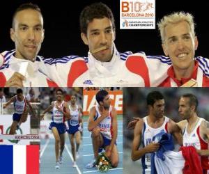 Puzle Mahiedine Mekhissi-campeão Benabbes 3000 metros com obstáculos, Bouabdellah Tahri e José Luis Blanco (2 ª e 3 ª) do Campeonato Europeu de Atletismo de Barcelona 2010