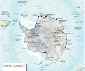 Puzle Mapa da Antártica. O Pólo Sul é no continente antártico
