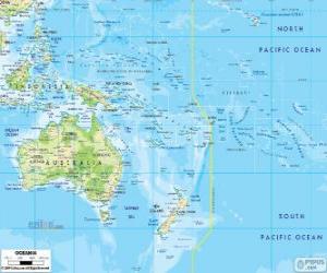 Puzle Mapa da Oceânia. Continente formado pela Austrália e outras ilhas e arquipélagos no Oceano Pacífico