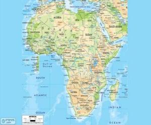 Puzle Mapa da África. O continente africano está localizado entre os oceanos Atlântico, Índico e Pacífico. Também faz fronteira com o mar Mediterrâneo e o mar vermelho