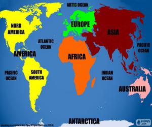 Puzle Mapa de continentes e oceanos