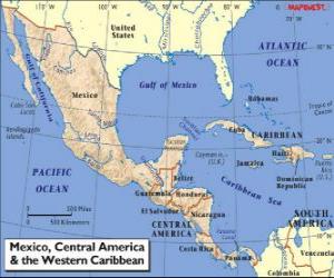 Puzle Mapa do México e América Central. América Central, subcontinente conectando a América do Norte e a América do Sul