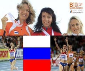 Puzle Maria campeão Savinov a 800 m, e Jennifer Meadows Hak Yvonne (2 e 3) do Campeonato Europeu de Atletismo de Barcelona 2010