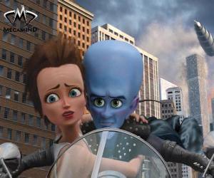 Puzle Megamente ou Megamind e Rosane ou Roxanne em moto