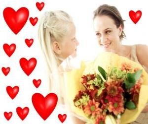 Puzle Menina com um buquê de flores para sua mãe e corações vermelhos
