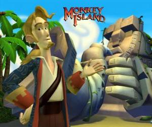 Puzle Monkey Island, um vídeo game de aventura. Guybrush Threepwood, um grande jogador