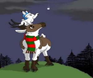 Puzle Natal rena com cachecol e um coelho branco sobre a cabeça que ele quer pegar uma estrela
