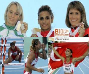 Puzle Nevin Yanit campeão nos 100m com barreiras, Derval O'Rourke e Nytra Carolin (2 e 3) do Campeonato Europeu de Atletismo de Barcelona 2010