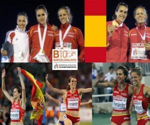 Puzle Nuria Fernandez campeão em 1500 metros, Hind Dehiba e Natalia Rodriguez (2 e 3) no Campeonato Europeu de Atletismo de Barcelona 2010