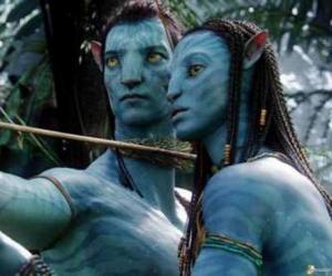 Puzle O avatar na'vi de Jake e Neytiri prontos para lançar uma seta