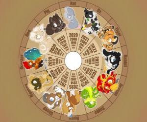 Puzle O círculo com os sinais dos doze animais do zodíaco ou horóscopo chinês