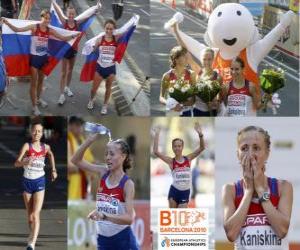 Puzle Olga Kaniskina campeão 20 km a pé, Anisia Kirdiapkina e Vera Sokolova (2 e 3) do Campeonato Europeu de Atletismo de Barcelona 2010